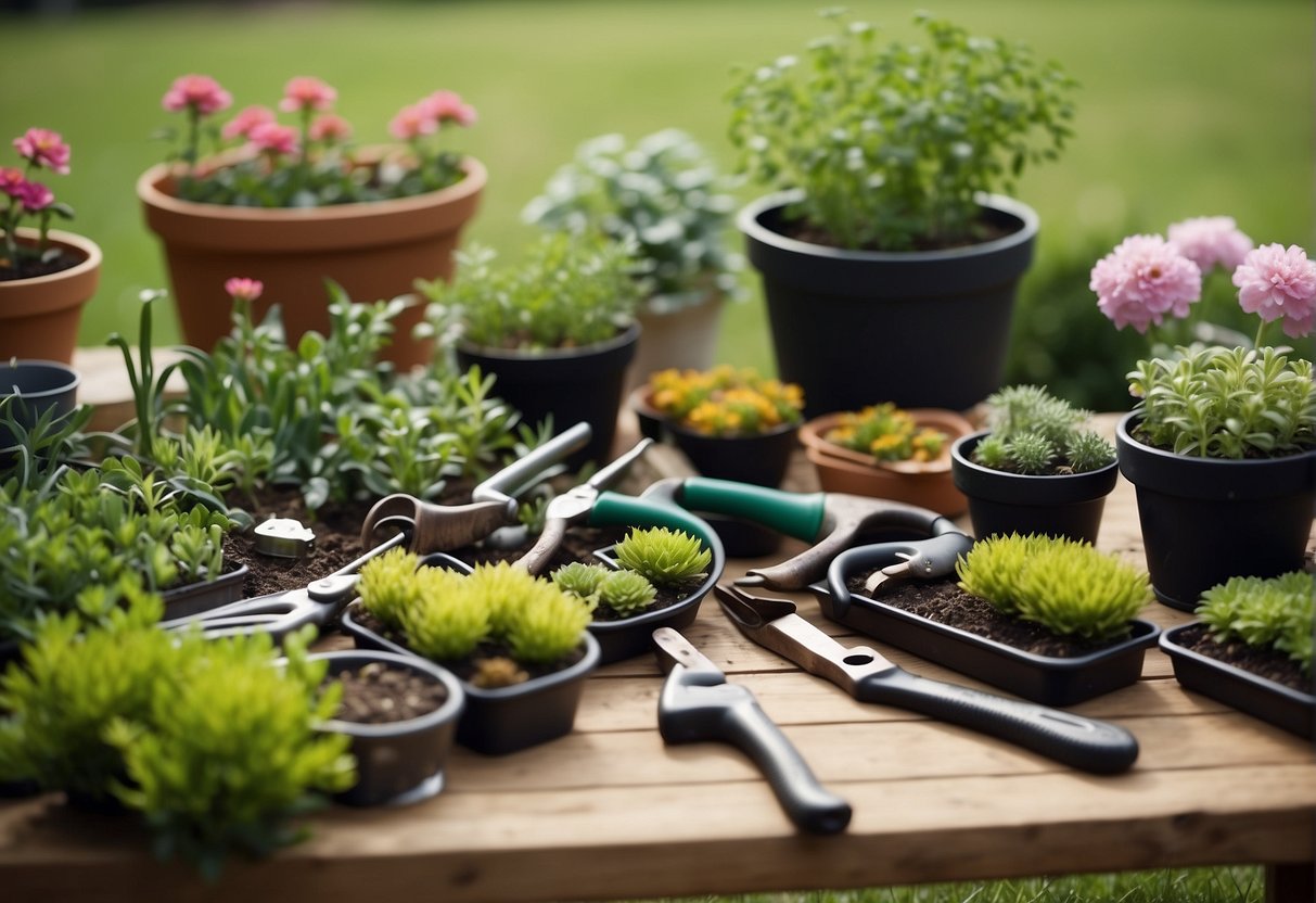 A neatly trimmed garden with a variety of plants and flowers, tools neatly organized, and a professional gardener's uniform and equipment