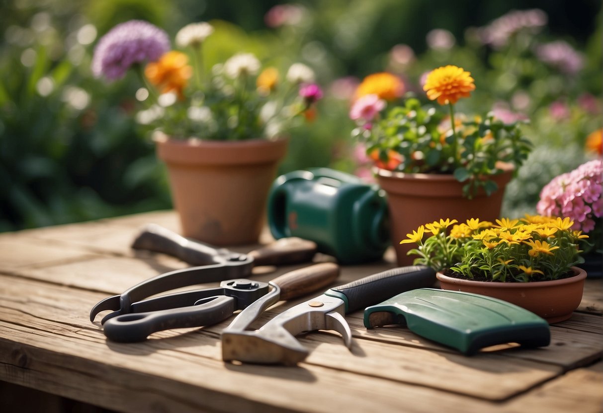 A gardener's tools lay on a wooden table with a price list in the background. The garden is lush and well-maintained, with colorful flowers and neatly trimmed hedges