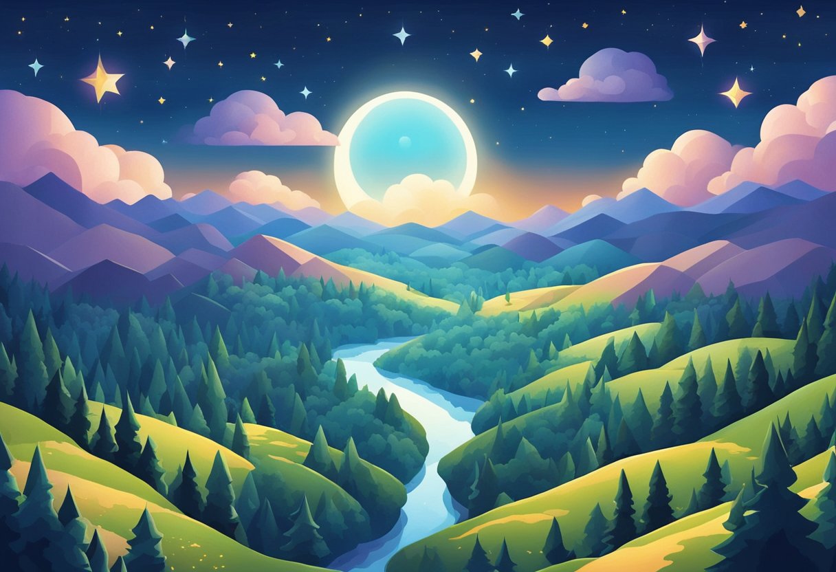 A moonlit sky with stars twinkling, casting a soft glow on the landscape below. A tranquil scene with a sense of mystery and calmness