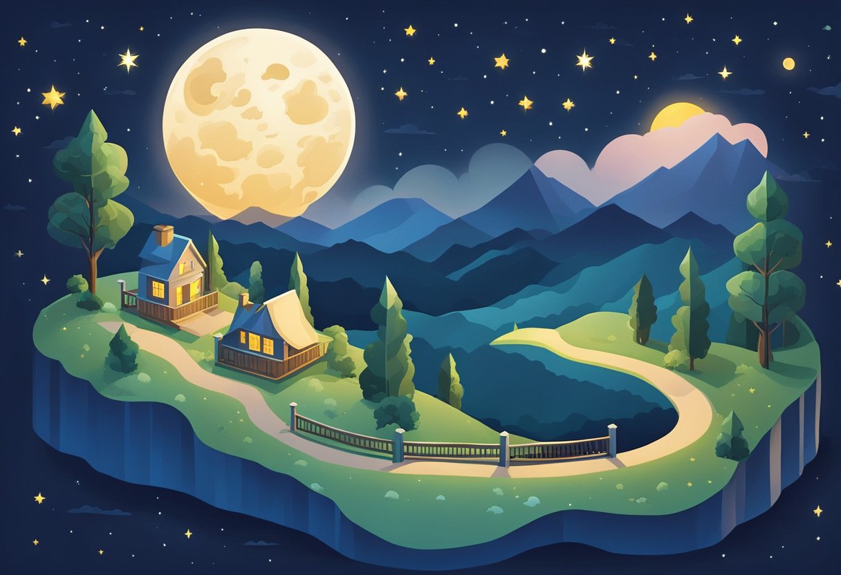 A tranquil night scene with stars shining brightly in the dark sky, casting a soft glow over the landscape. The moon is a crescent, hanging low on the horizon