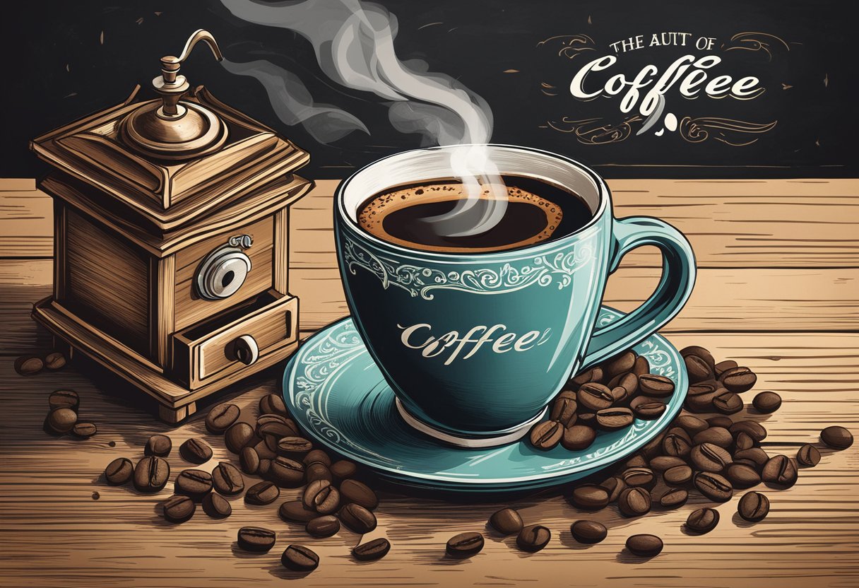 A steaming cup of coffee sits on a rustic table, surrounded by scattered coffee beans and a vintage coffee grinder. A quote about the joy of coffee is written in elegant script on a chalkboard in the background