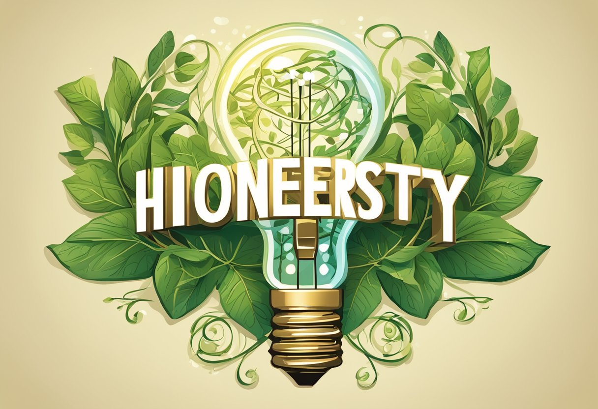 A glowing light bulb surrounded by tangled vines, with the words "Honesty" and "Integrity" written in elegant script on the leaves