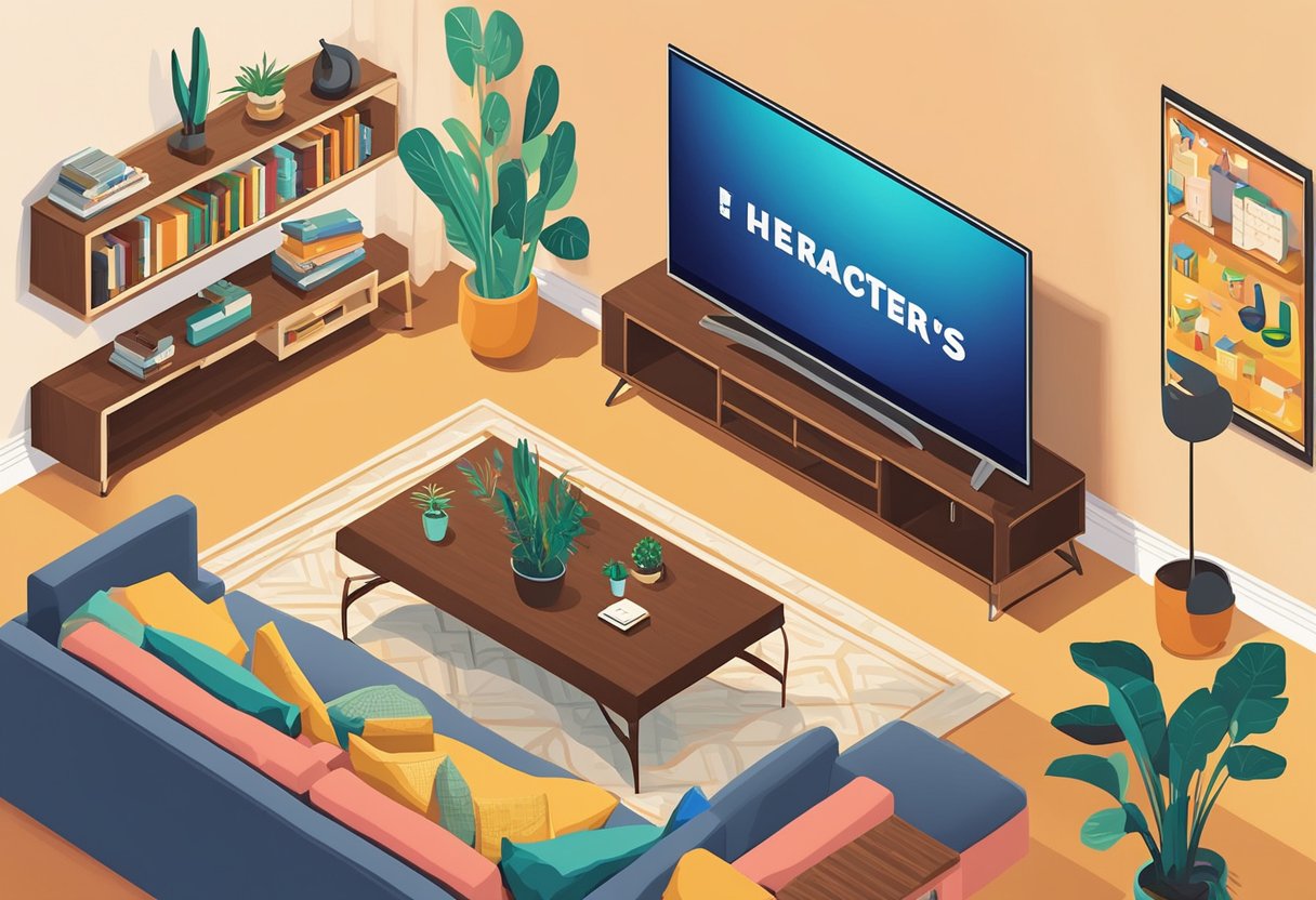 Characters' famous quotes displayed on a TV screen with a cozy living room in the background