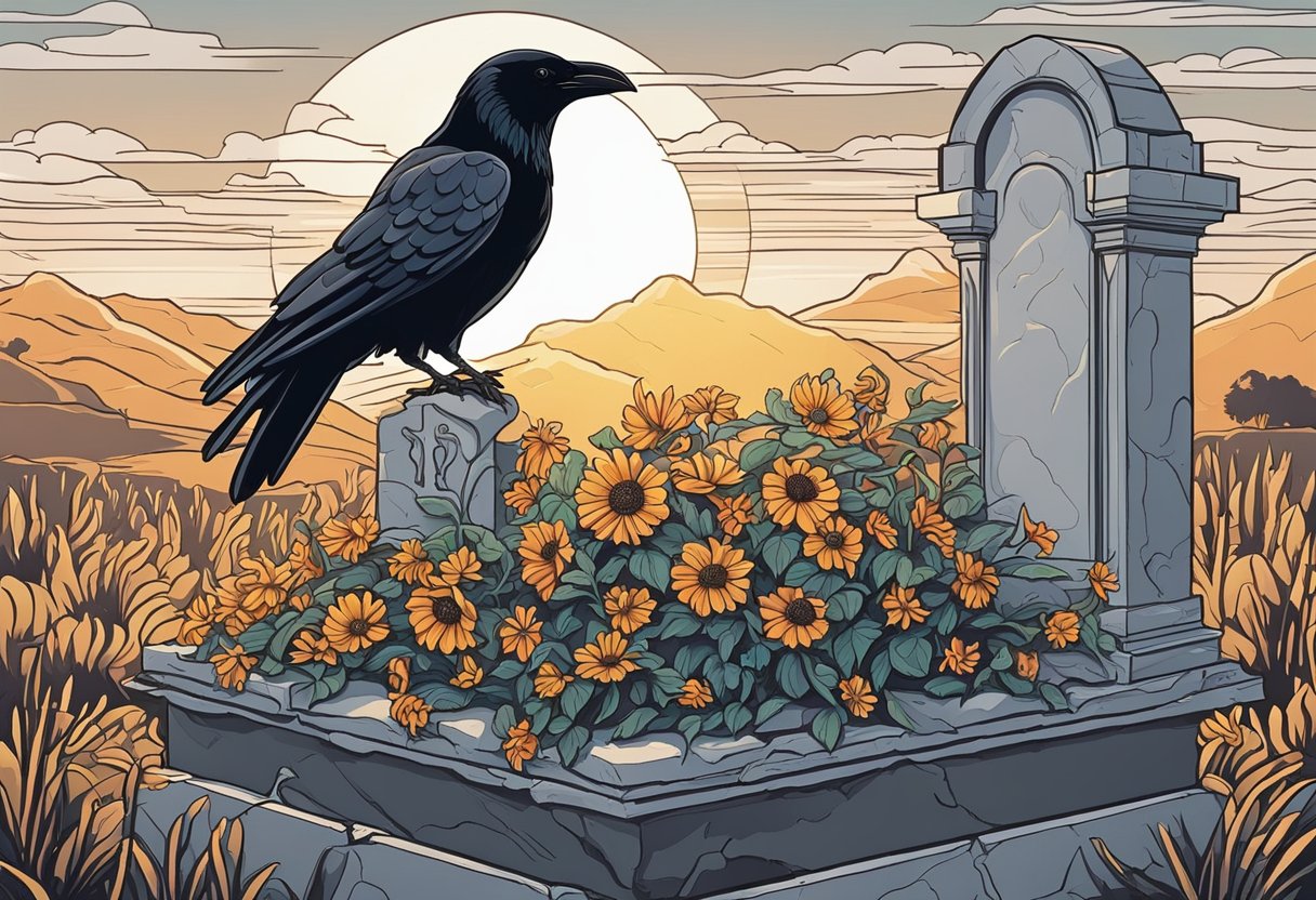 A wilting flower on a gravestone, with a crow perched nearby, as the sun sets in the background