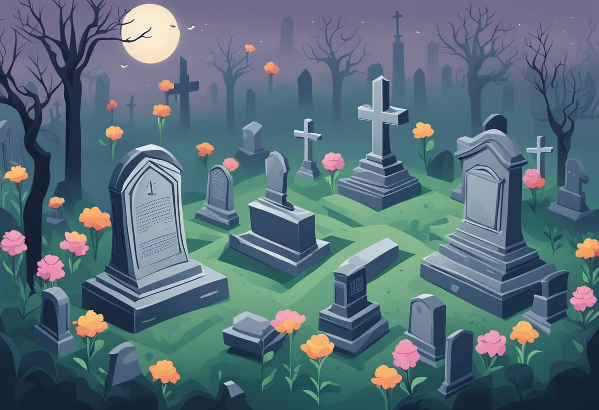 A somber graveyard with tombstones and wilting flowers, surrounded by a misty, melancholic atmosphere
