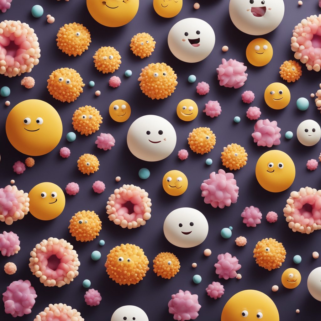 Bubbling gut with happy microbes. Smiling bacteria breaking down food. Blooming flowers in the gut