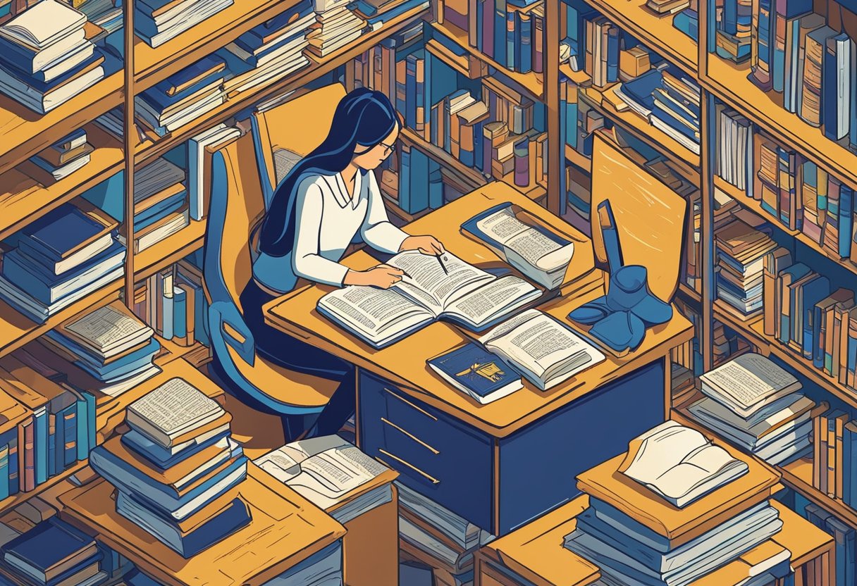 A woman sits at a desk, surrounded by open books and papers. She holds a pen, deep in thought, as she quotes from a book