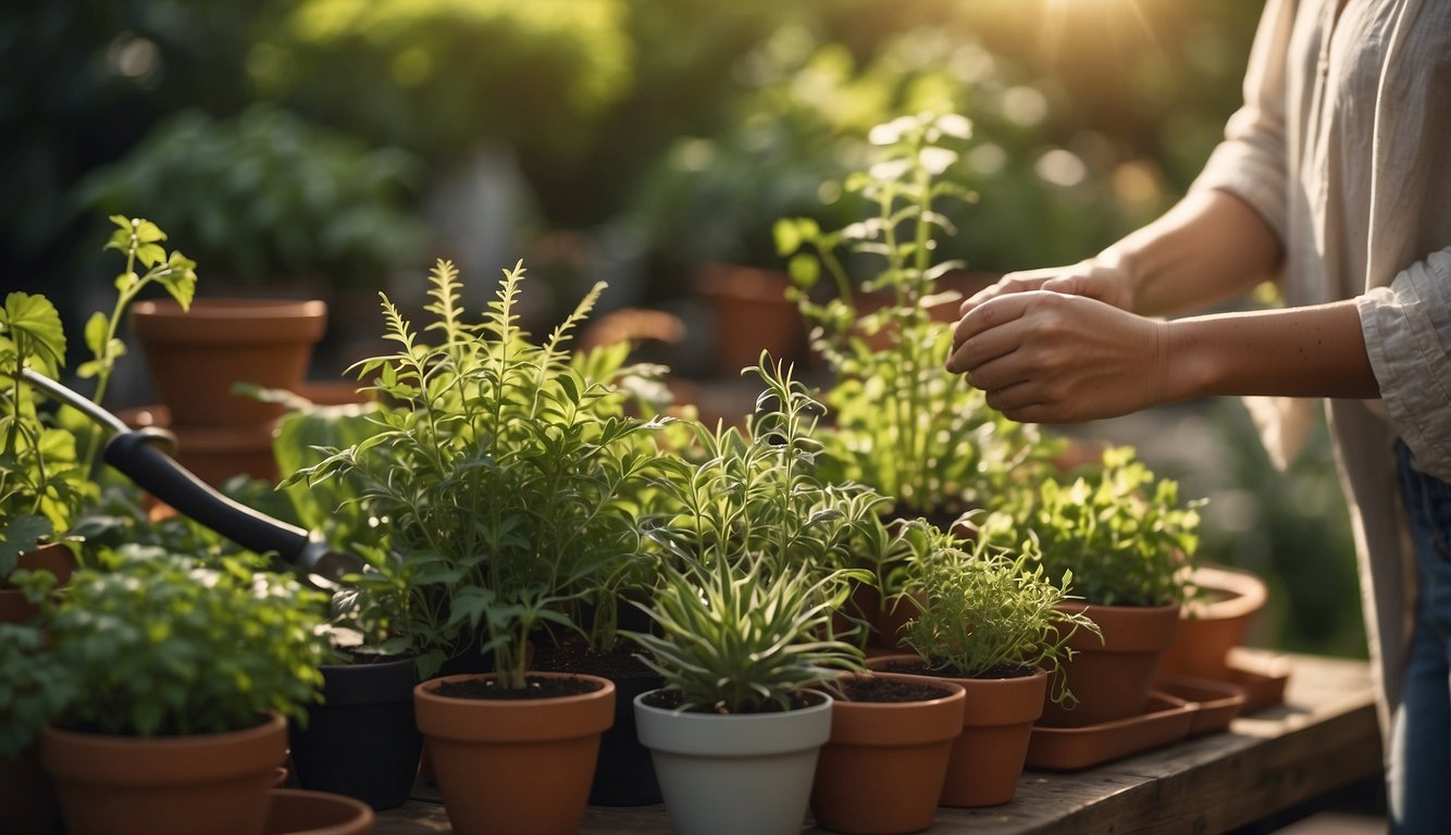 A person selects herbs from a variety of potted plants, surrounded by gardening tools and pots. The sun shines down on the lush greenery, creating a peaceful and inviting outdoor scene