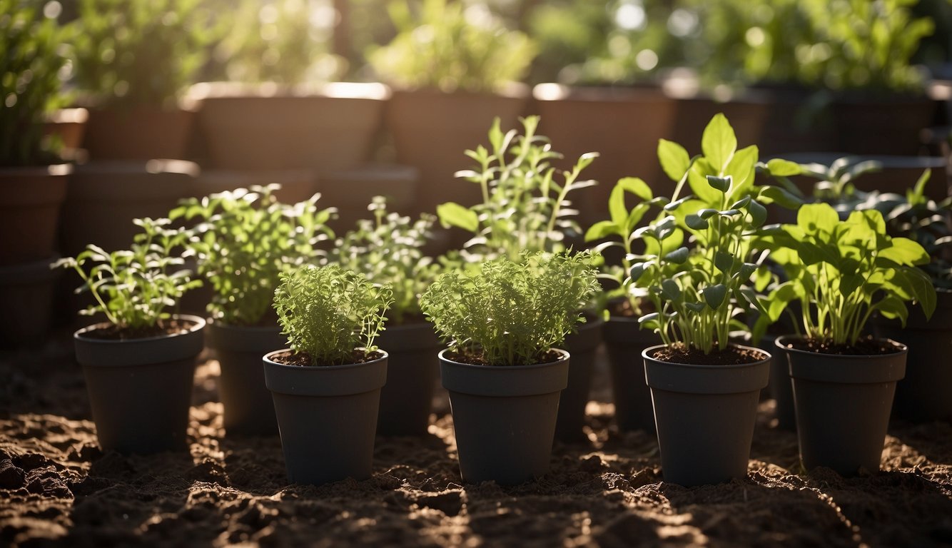 Herbs growing in pots outdoors, surrounded by rich soil and compost. Sunlight filters through the leaves, casting dappled shadows on the ground