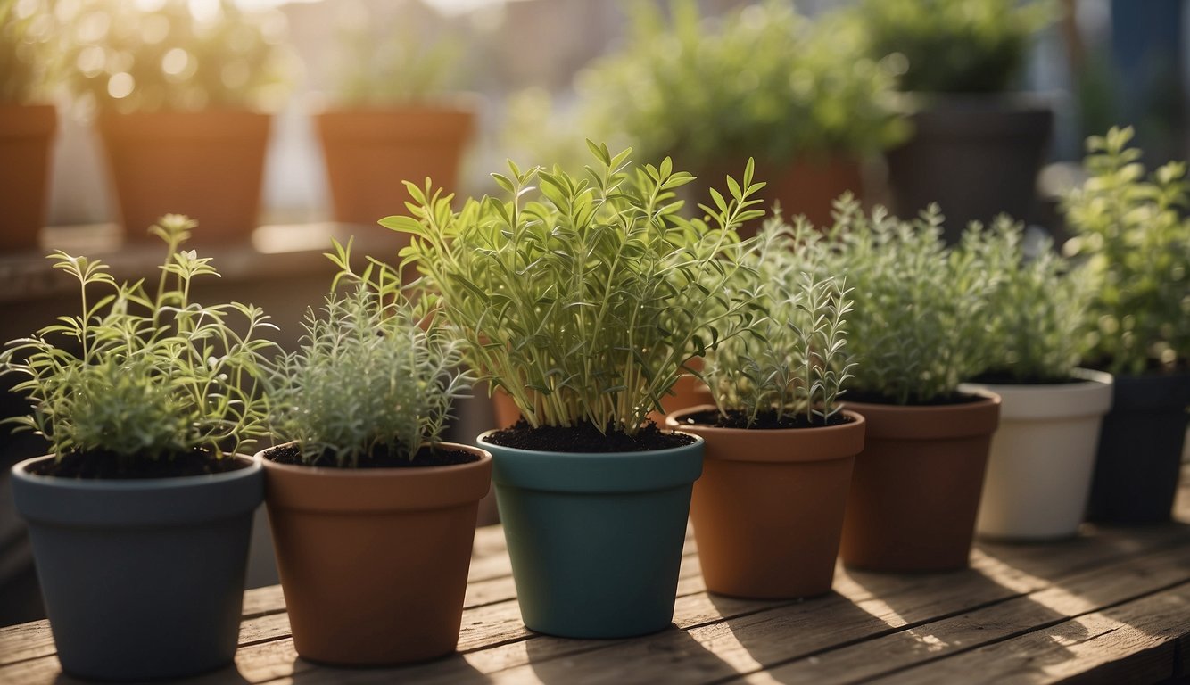 Herbs being planted in pots, spaced evenly, outdoors