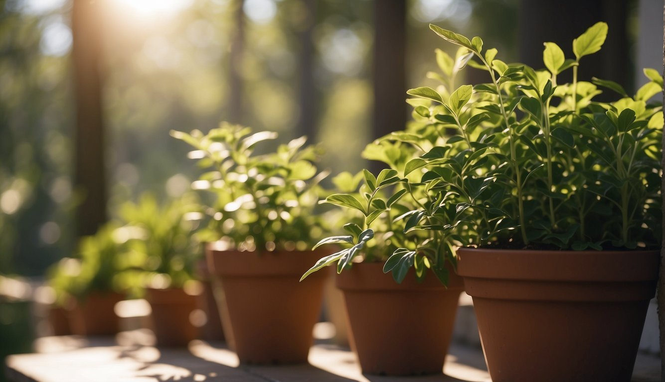 Sunlight filters through leaves, illuminating potted herbs outdoors