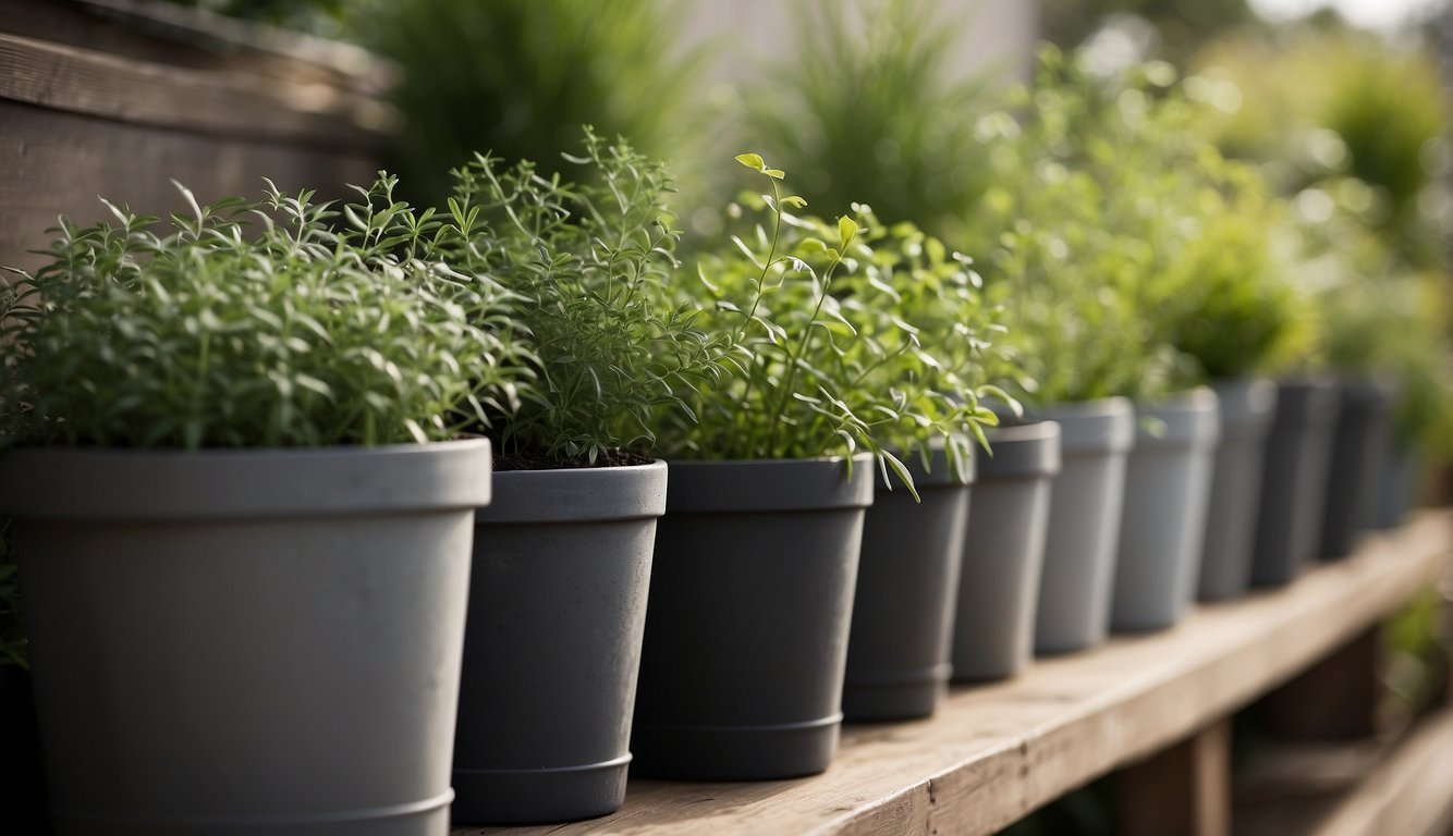 Herbs in pots outdoors receive fertilizing and nutrients, growing lush and vibrant