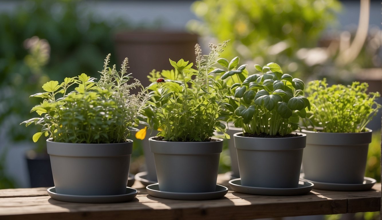 Healthy herbs in pots outdoors, surrounded by natural pest control methods like ladybugs and beneficial insects, with signs of disease management such as proper spacing and good air circulation