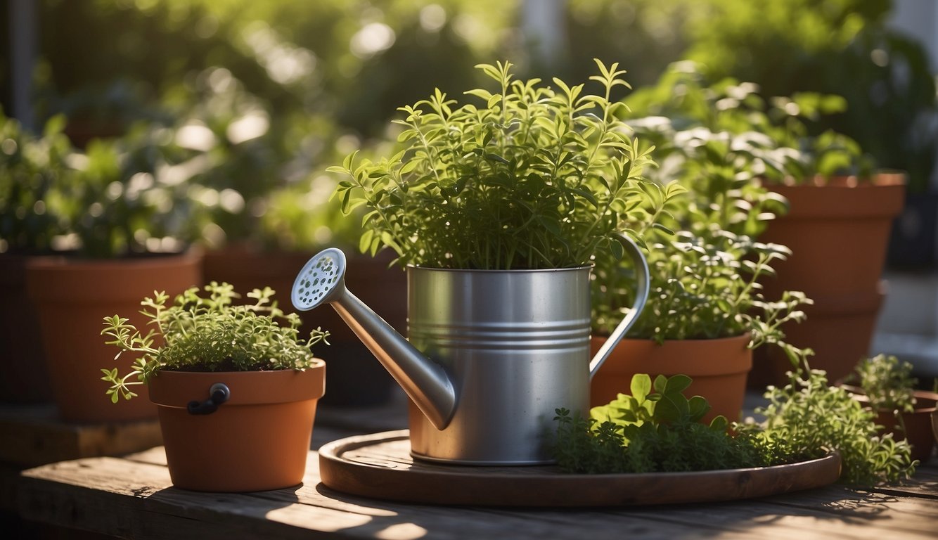 Lush potted herbs thrive outdoors, basking in sunlight. Labels detail care instructions. A watering can sits nearby