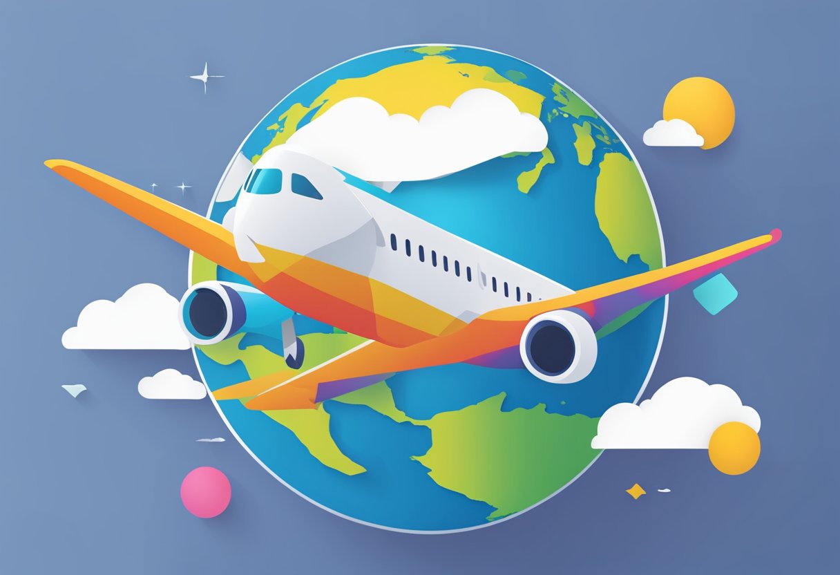 A colorful airplane flying over a globe with "Expedia Flight Deals: Save Big on Your Next Trip" displayed in bold letters