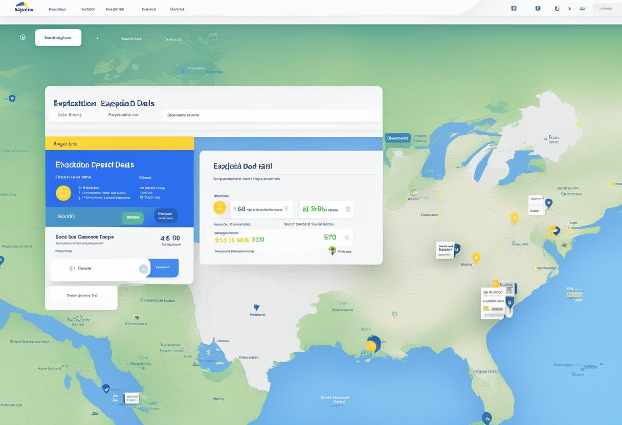 A computer screen displays Expedia's website with flight deals. A map and list of destinations are shown, with discount prices highlighted