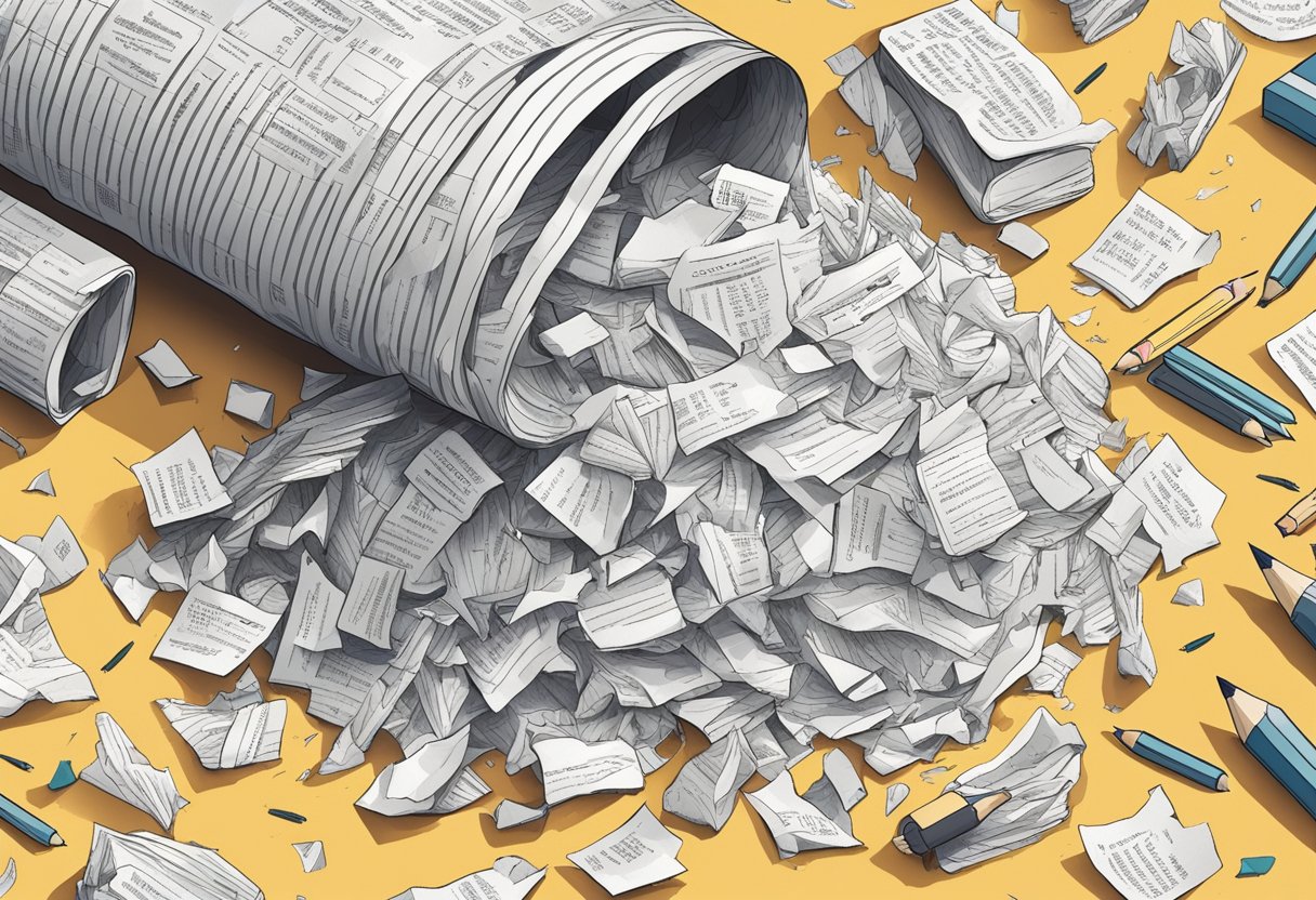 A pile of crumpled papers with offensive phrases, surrounded by broken pencils and eraser shavings