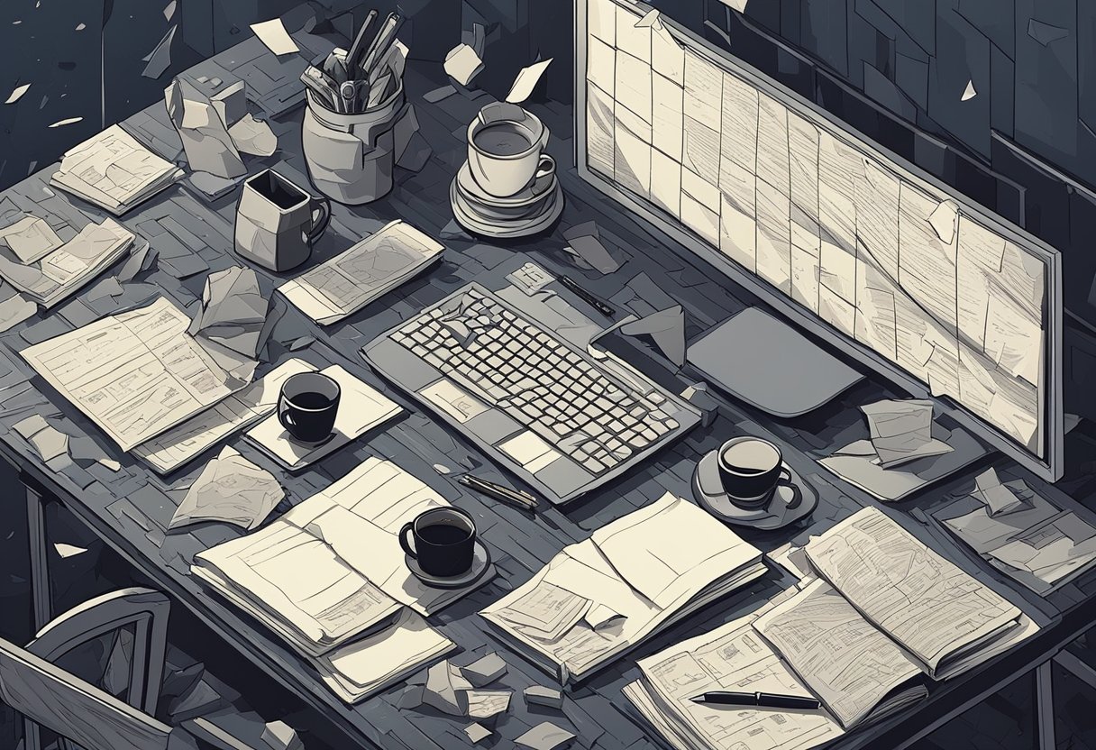 A cluttered desk with crumpled papers, a broken pencil, and a spilled coffee mug. A dark, gloomy room with flickering lights and peeling wallpaper