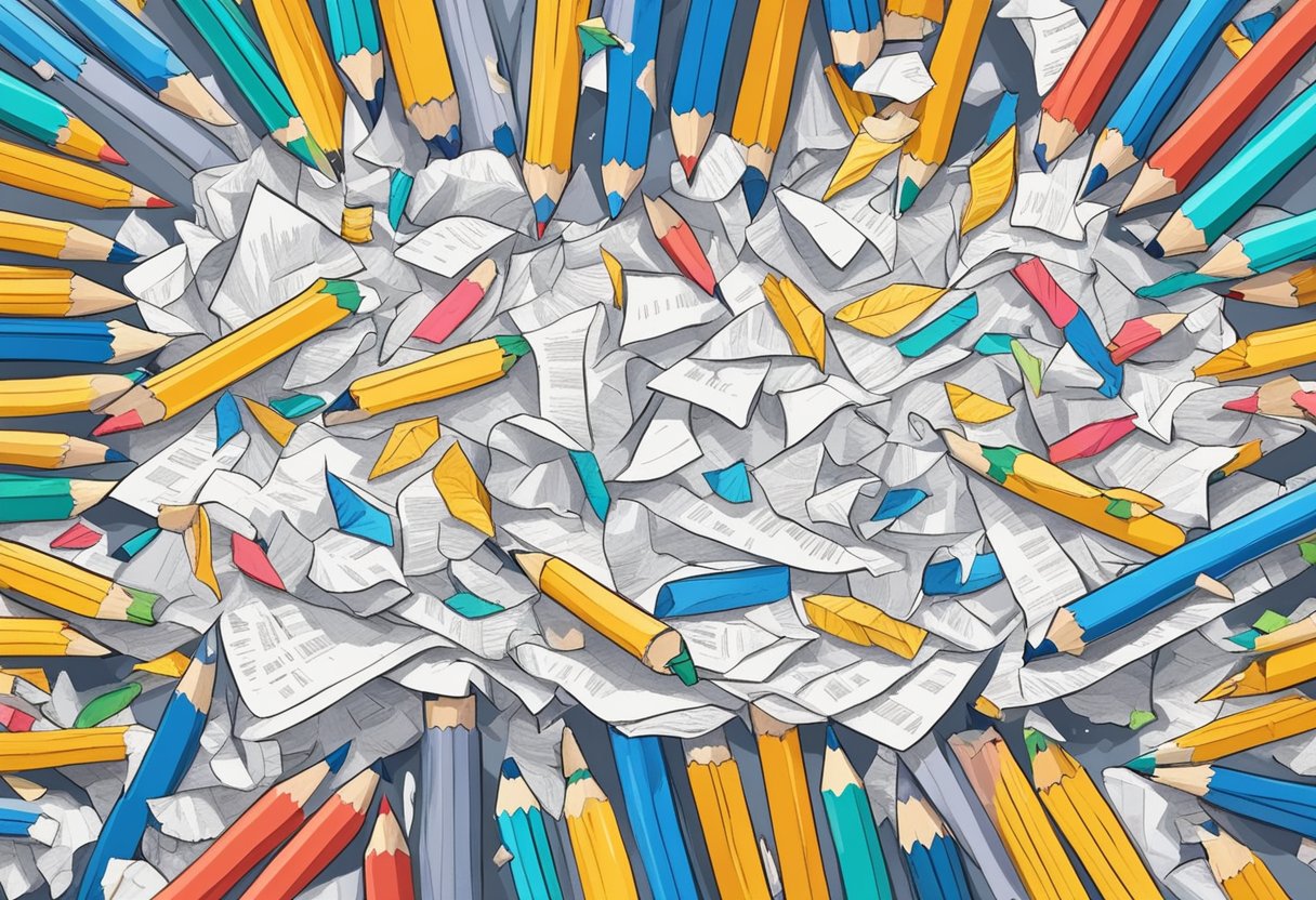 A pile of crumpled paper with quotes written on them, surrounded by broken pencils and eraser shavings