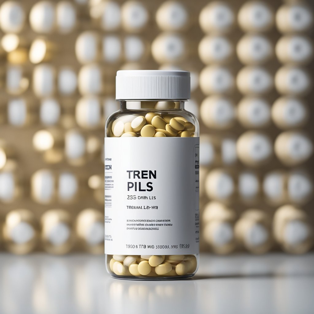 A bottle of tren pills sits on a clean, white surface. The label is clear and the pills are neatly arranged inside the container