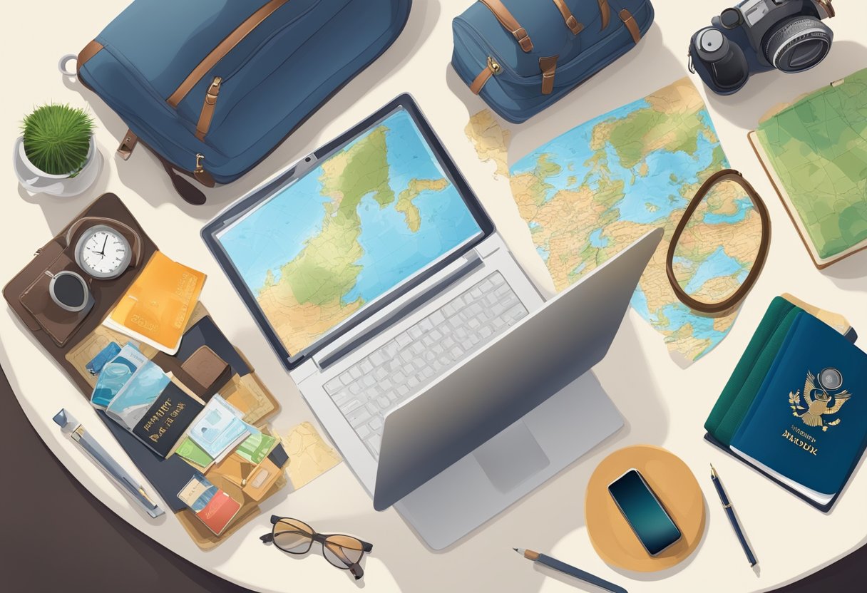 A laptop surrounded by travel essentials, with a map and passport nearby. A sense of wanderlust and adventure is conveyed through the items on the desk