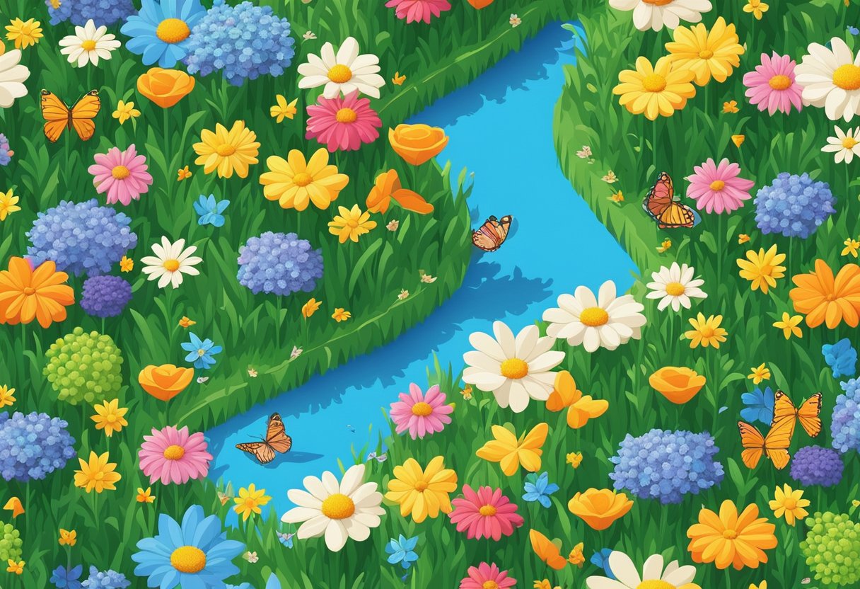 A colorful garden bursting with blooming flowers, green grass, and fluttering butterflies under a bright blue sky