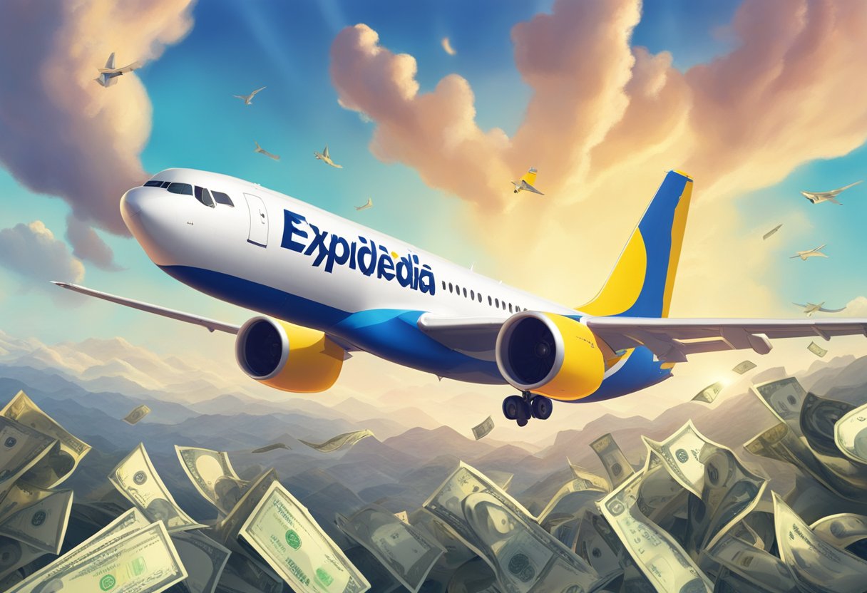 A plane soaring through a vibrant sky, with a large Expedia logo displayed prominently on its tail. The plane is surrounded by a burst of money symbols, representing the big savings offered by Expedia flight discounts