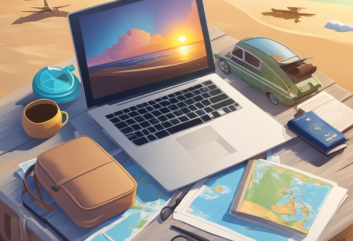 A laptop, surrounded by travel essentials, sits on a beach. The sun sets over the ocean, while a map and passport lay nearby