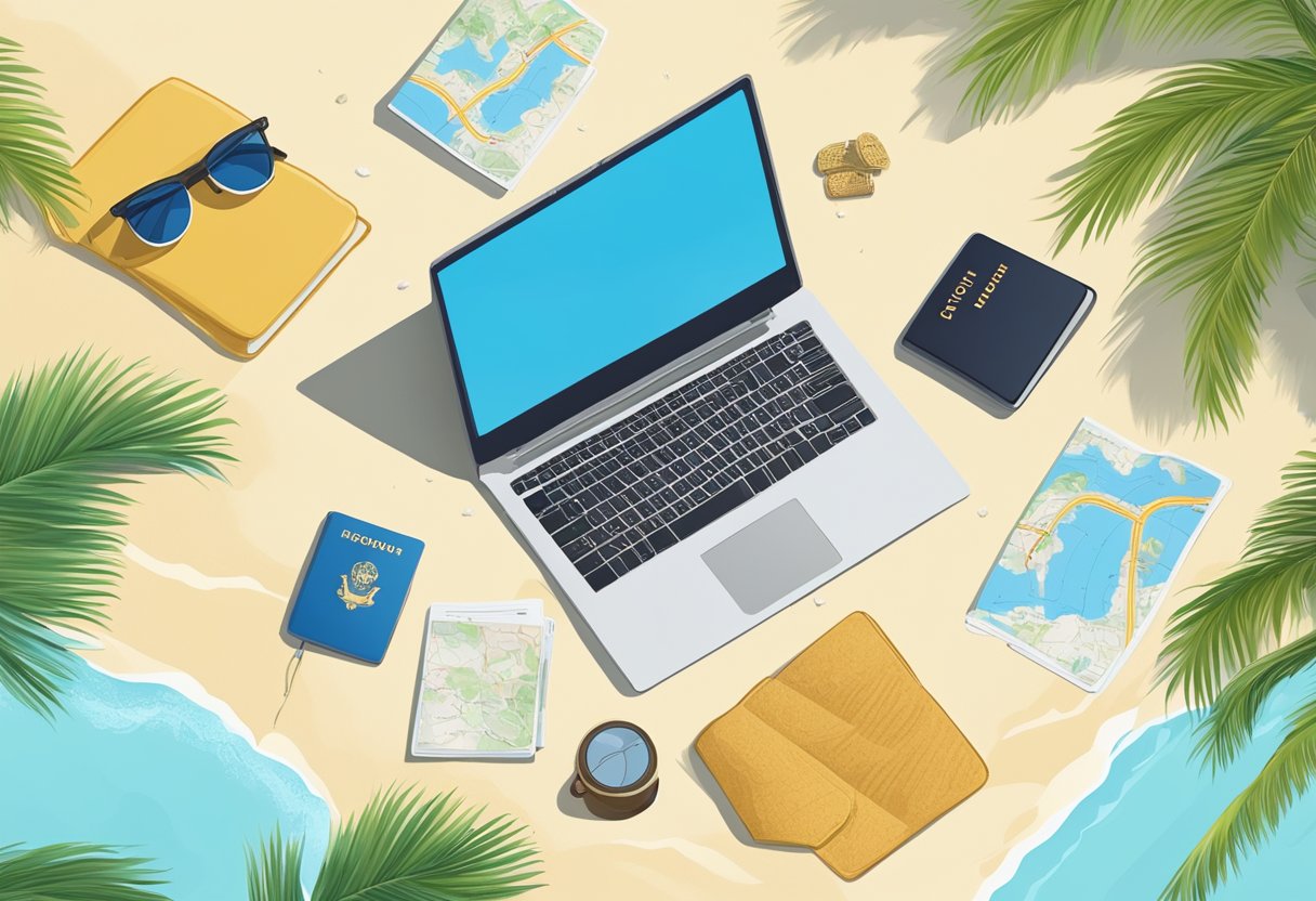 A laptop on a beach towel, surrounded by palm trees and a clear blue sky. A map and passport nearby, with a sense of adventure in the air