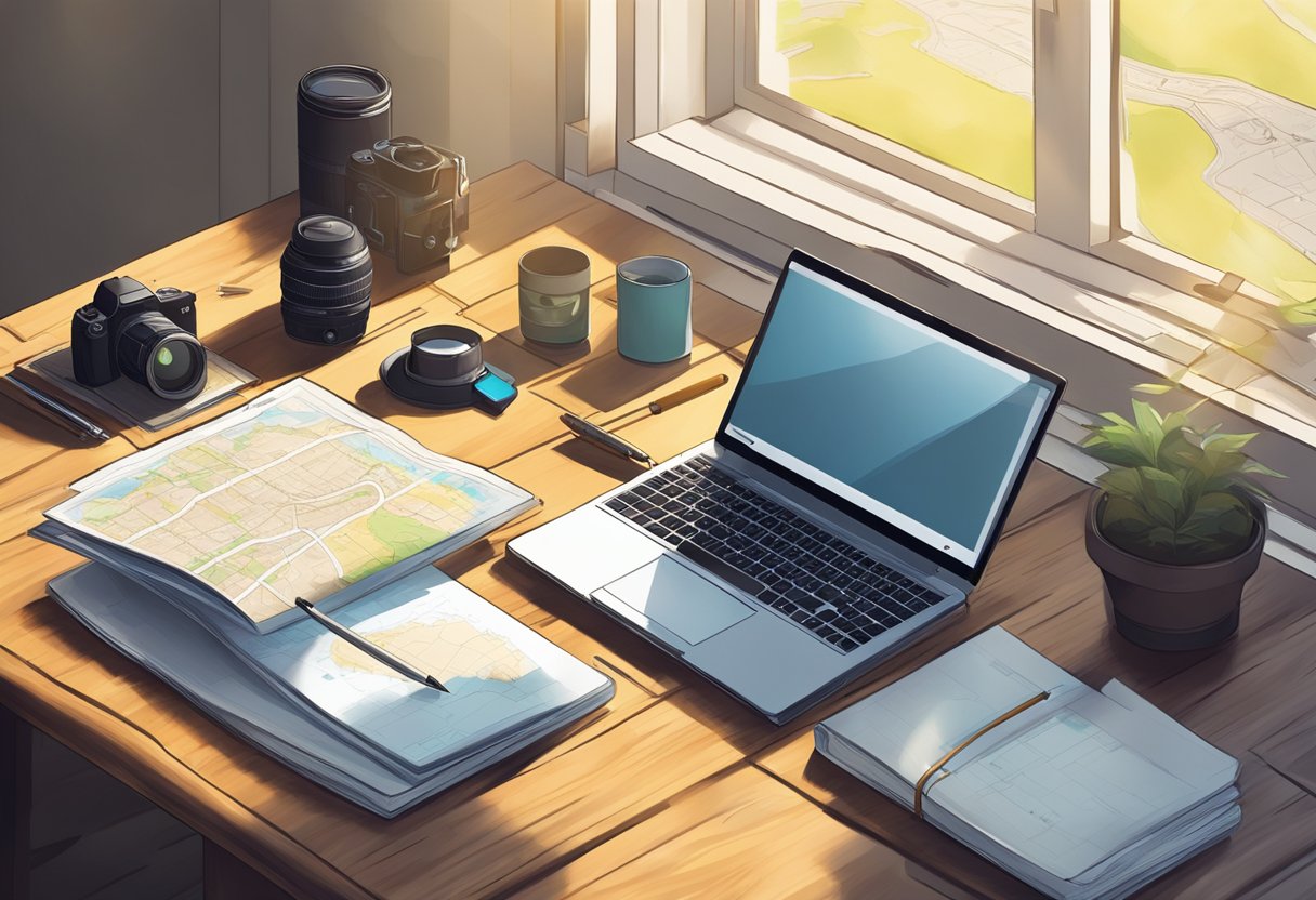 A laptop, notebook, and pen sit on a wooden table. A map, compass, and camera are scattered around. Sunlight streams in through a window, casting shadows on the items