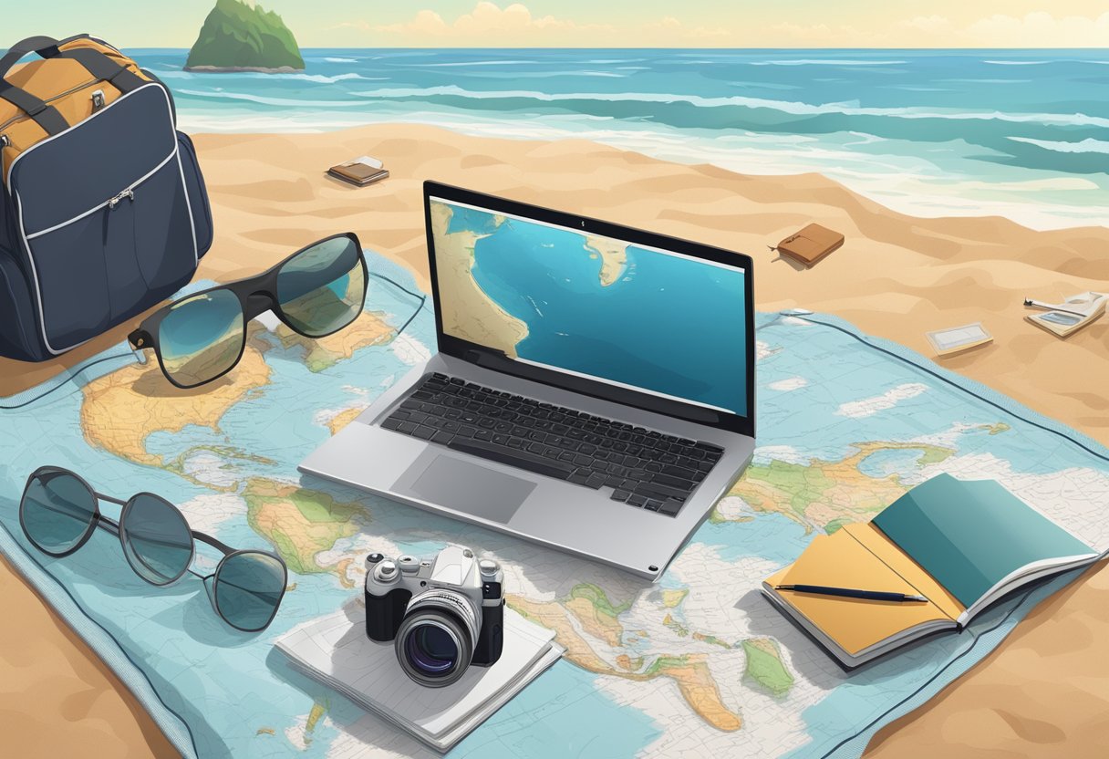 A laptop open on a beach towel, surrounded by travel essentials. A map, camera, and notebook lay nearby, as the waves crash in the background