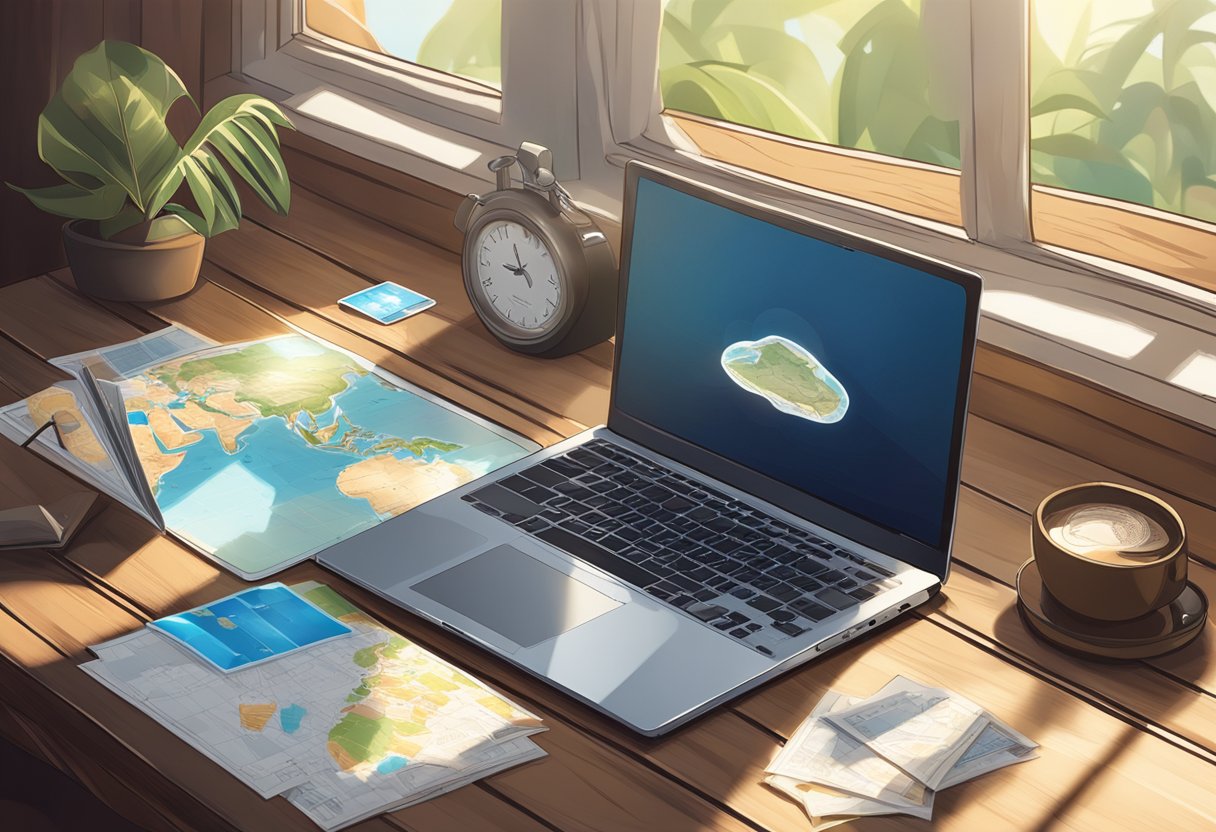 A laptop, passport, and map lay on a wooden table. Sunlight streams through a window, highlighting the travel stickers on the laptop