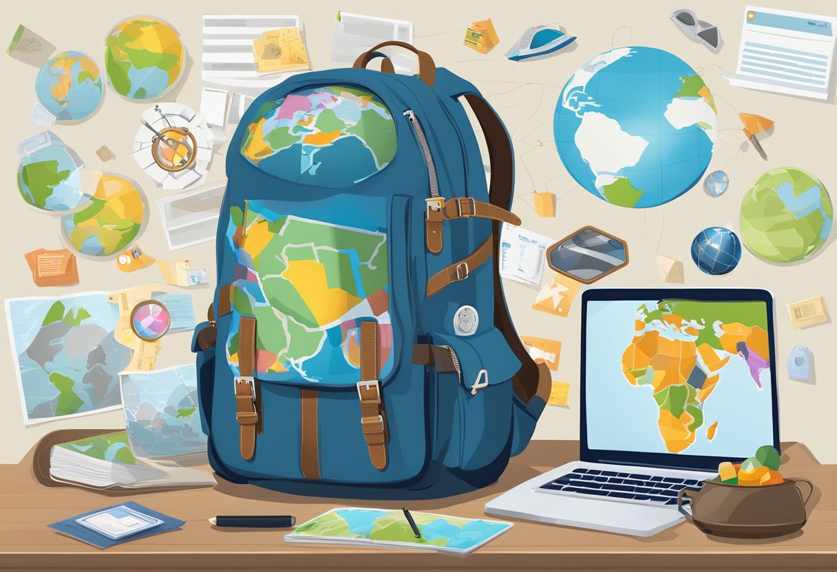 A traveler's backpack covered in stickers, a laptop with a globe screensaver, and a map with pins marking different destinations