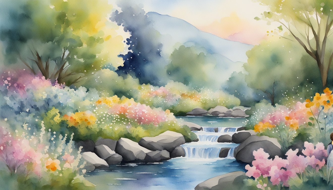 A figure meditates in a tranquil garden, surrounded by blooming flowers and a flowing stream, while the number 1020 glows above in the sky