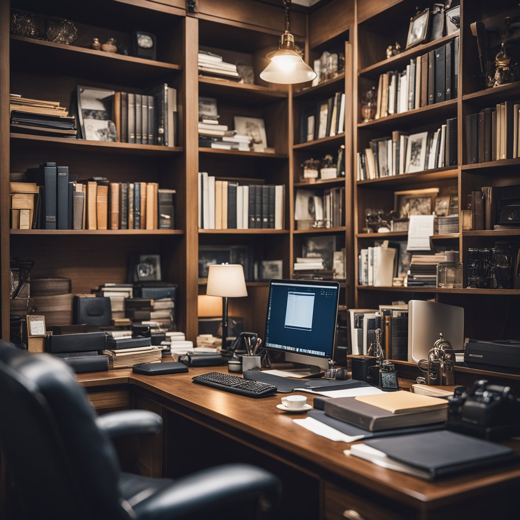 Dr. Drew Sutton's office: cluttered desk, bookshelves, diplomas on wall, cozy armchair, and a large window overlooking a bustling city street