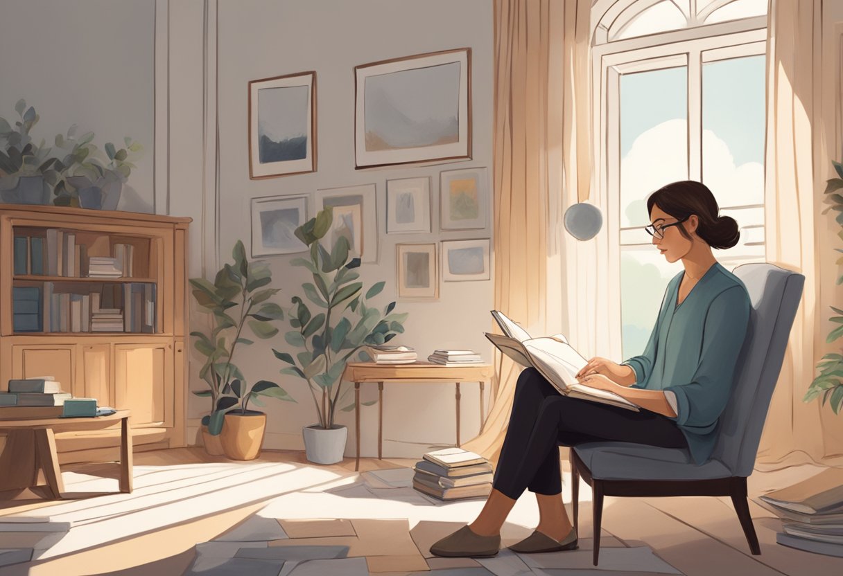 A person sits in a peaceful room, surrounded by soft light and a gentle breeze. They hold a journal, pen poised, ready to capture the fleeting images of their dreams