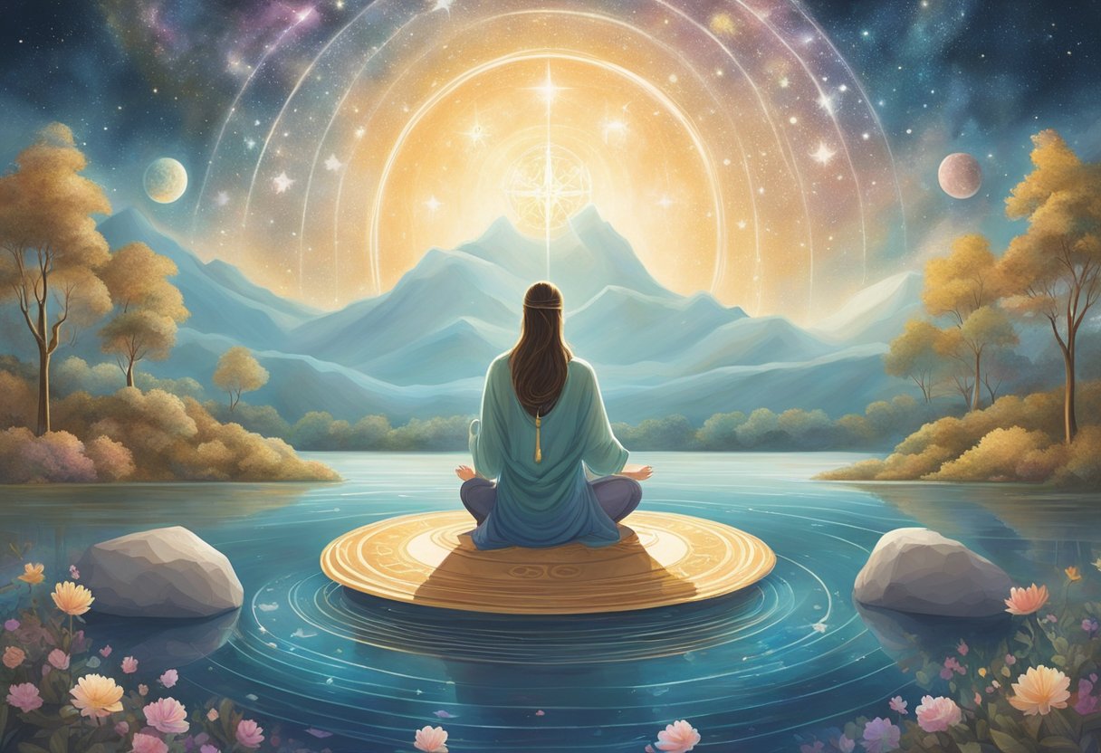 A serene figure kneels in prayer, surrounded by floating dream symbols and celestial imagery. The atmosphere is peaceful and ethereal, evoking a sense of connection to the divine
