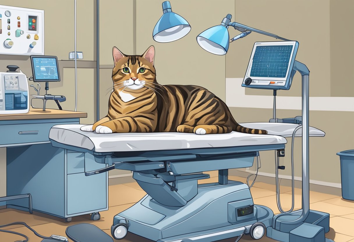 A calm tabby cat lies on a vet's operating table, surrounded by medical equipment. A veterinarian and assistant prepare for a spaying procedure