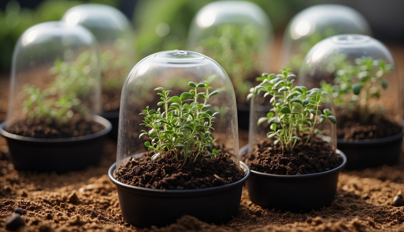 Thyme cuttings placed in soil, misted with water, and covered with a clear plastic dome to create a humid environment for propagation