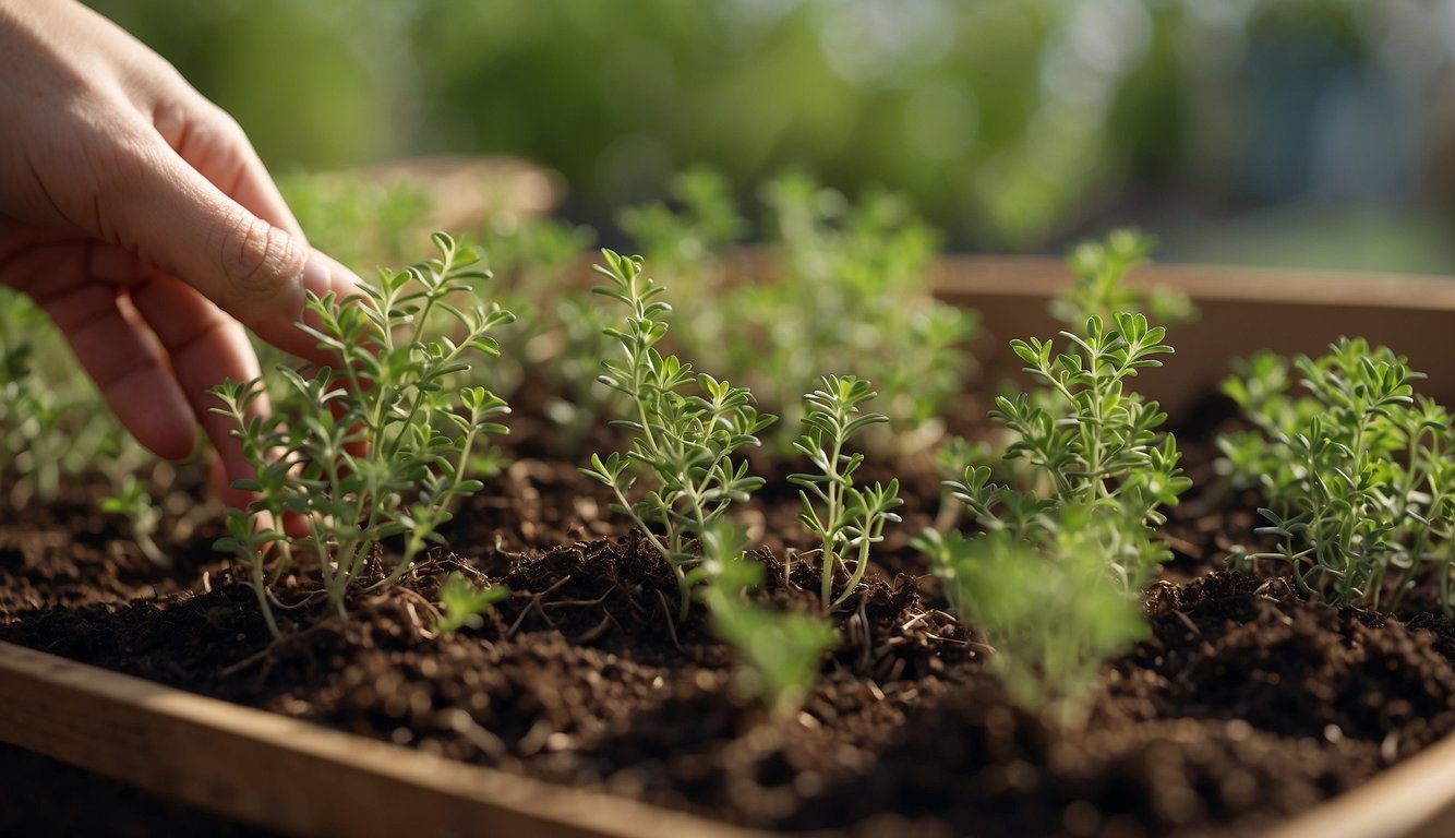 New thyme plants are carefully tended to, as cuttings are planted and nurtured to encourage growth. The delicate green shoots begin to flourish under the careful attention of the gardener