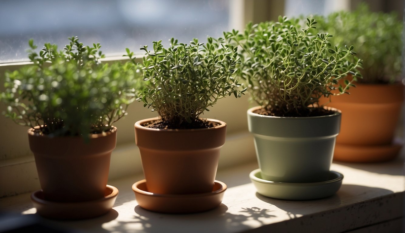 Thyme cuttings in a small pot, placed in a sunny window. Roots emerging from the cuttings, surrounded by small, vibrant green leaves