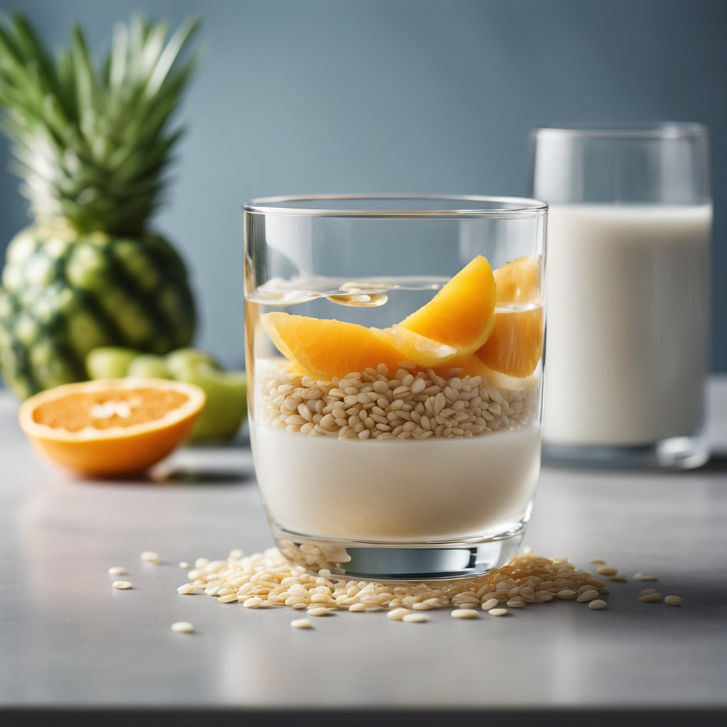 A clear glass of water with a fiber supplement tablet dissolving in it, next to a bowl of oatmeal and a plate of fruits and vegetables