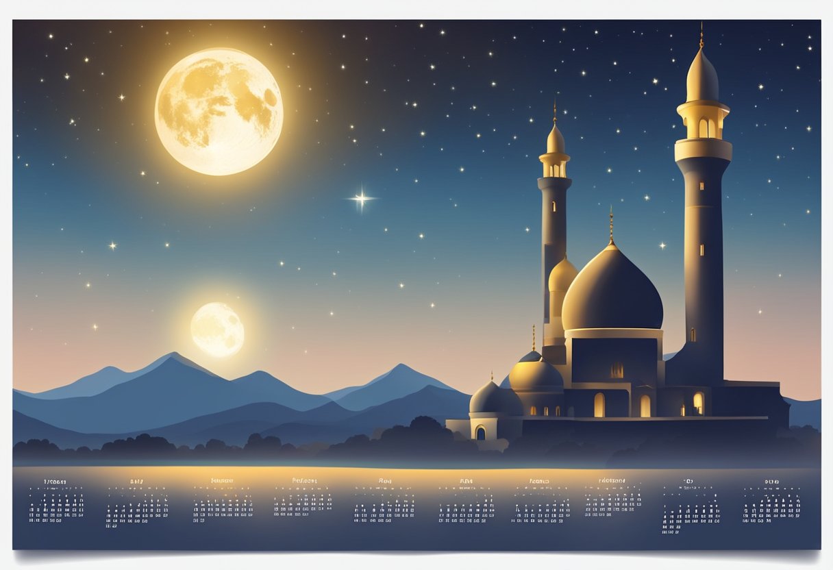 A moonlit night with a clear sky, a calendar showing the Islamic date of Shab e Barat 2024, and a serene atmosphere with a sense of spiritual significance