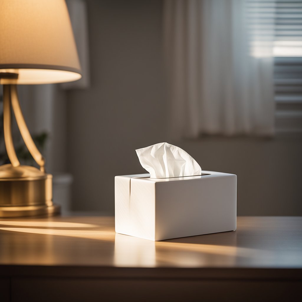 A tissue box sits on a nightstand, with a trail of used tissues leading to it. Sunlight streams through the window, casting a warm glow on the scene