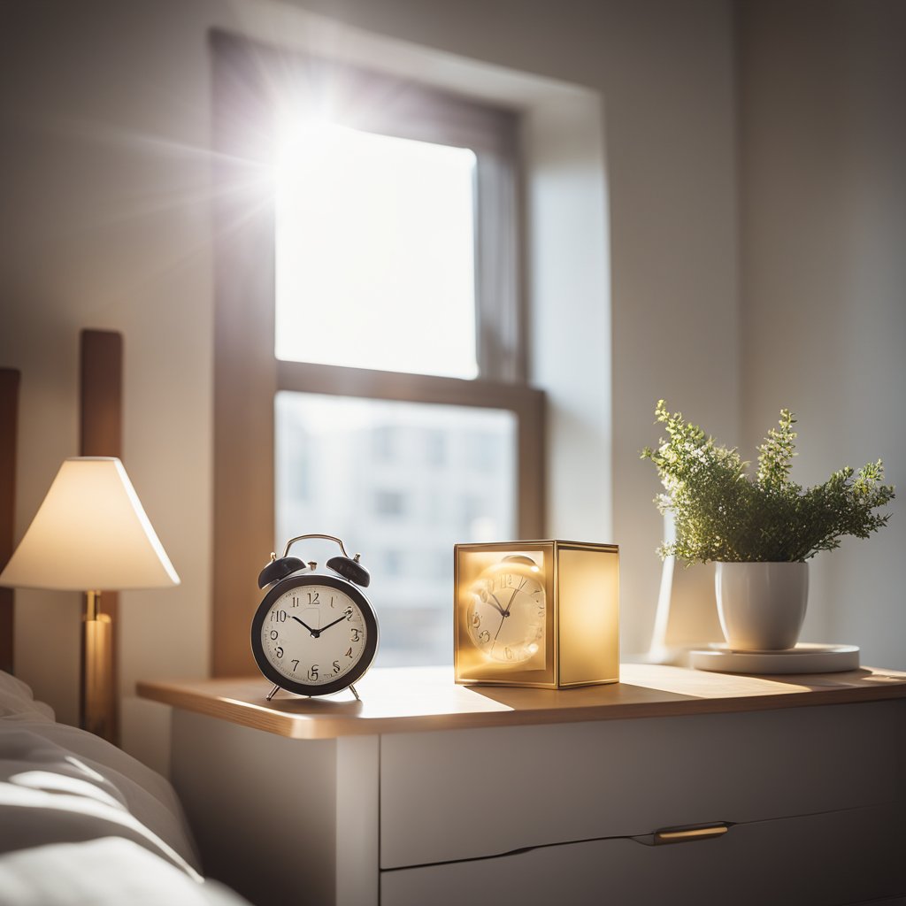 A bedroom with sunlight streaming through the window, a clock showing early morning, and a tissue box on the bedside table