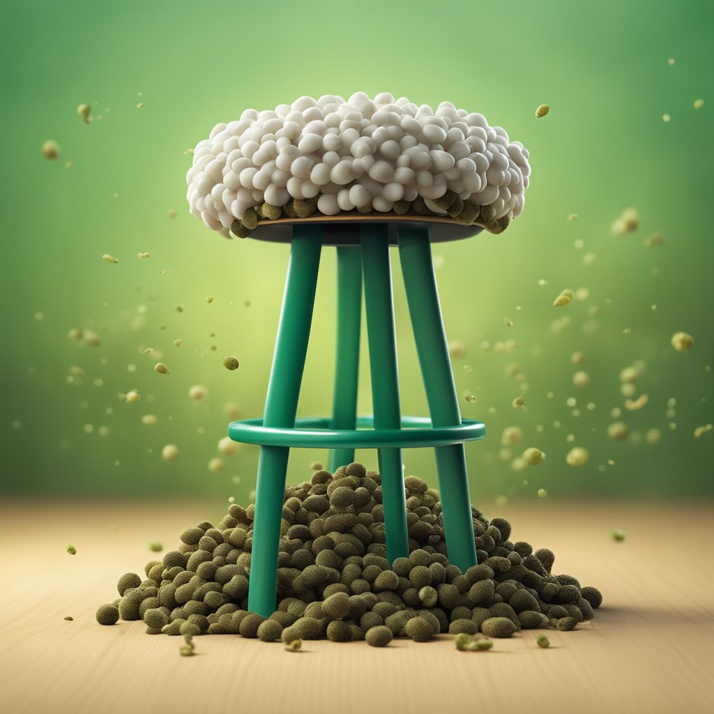 The illustration shows a pile of feces emitting a pungent sour odor. The stool is depicted with a greenish-brown hue and wavy lines to indicate the foul smell