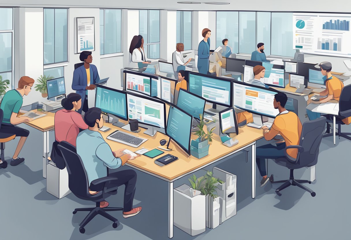 Open-plan office with diverse team working on computers.