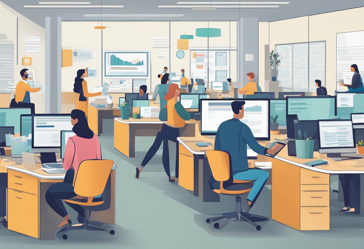 A busy office scene where workers are doing their work at their desks.