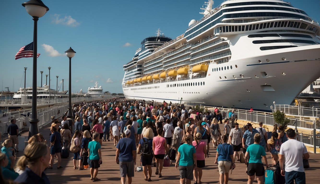 A cruise ship docked at a bustling Galveston port, with passengers boarding and crew members preparing for the latest sailings