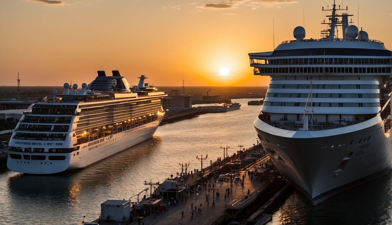 Cruise ships docked at Galveston port, with bustling activity and passengers boarding. The sun sets in the background, casting a warm glow over the scene